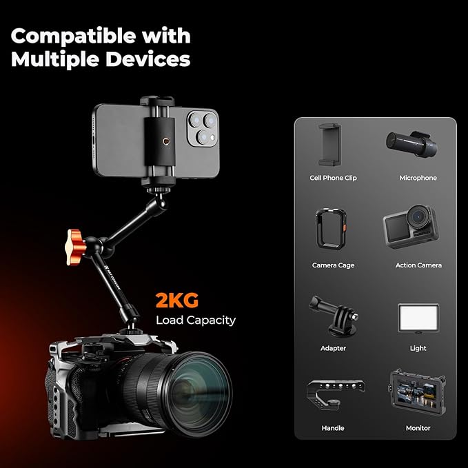 K&F CONCEPT 9.8" Magic Arm Clamp with Phone Holder | 360° Ball Heads Camera Arm Mount for Phone/LED Lights/Monitor/Flash/Microphone/DSLR Camera, MS32 - Image 4