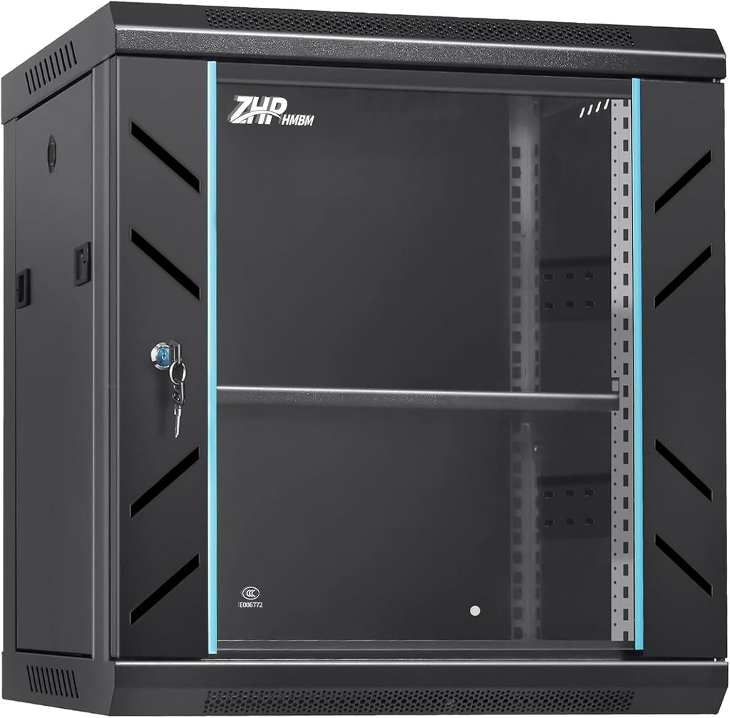12U Server Rack Cabinet, Wall Mount Network Rack Enclosure Includes Locking Glass Door, Removable Side and Back Panels, 15" Deep Network Data Cabinet for Computer IT and A/V Equipment by ZHPHMBM