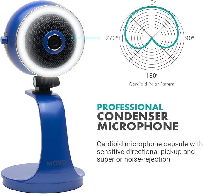 Movo WebMic HD Pro All-in-One Webcam with Mic and Ring Light in Royal Blue- 1080p HD Camera, Pro Cardioid Condenser Microphone, LED Ring Light - HD Webcam for Streaming, Video Calls, Recording, Gaming - Image 5