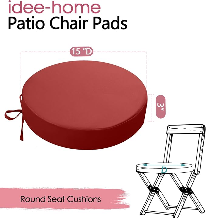 idee-home Outdoor Bistro Chair Cushions Set of 2 Think 15”x15”x 3” | Outdoor Round Seat Cushions with Ties, Waterproof Round Patio Furniture for Garden - Image 7