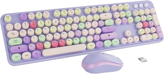 Wireless Computer Keyboard and Mouse Combo,Colorful Purple | Ergonomic Full Size Typewriter Retro Round Keycaps Keyboard, Compatible with Windows, PC, Perfer for Home and Office - Image 9