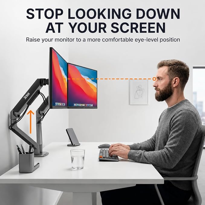 3IDEE FlexiLite Dual Monitor Arm Desk Mount for 17-32" Screens, Holds up to 20 lbs per Monitor, Slim Aluminium Design, Fully Adjustable, Quick Box to Desk Setup, Clamp/Grommet Base, VESA 75/100 - Image 6