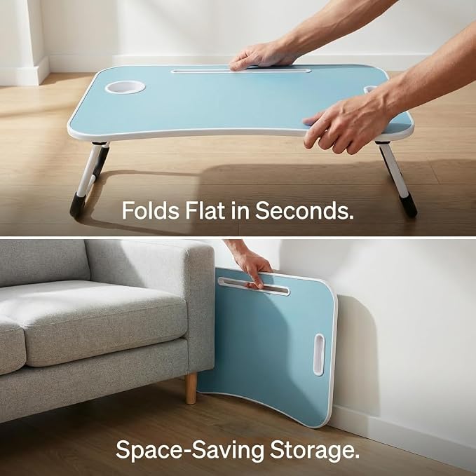 BUYIFY 23" Foldable Lap Desk for Laptop Writing w/Cup Holder Blue | Sturdy and Durable, Laptop Bed Desk with Tablet Slot, No Assembly, Space Saving for Bed Couch Dorm WFH Students - Image 7