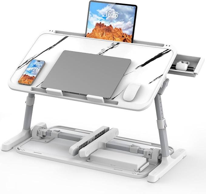 HETTHI Laptop Bed Tray Table, Adjustable Sturdy Laptop Stand for Bed with Premium Materials, Folding Portable Lap Desk with Drawer for Writing Working Reading Eating Couch Floor (Marble, 22.04"×12.2") by HETTHI