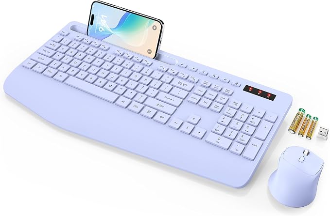 Wireless Keyboard and Mouse Combo, Full Size, Ergonomic Wrist Rest | 2.4G Lag-Free, 3-Level DPI, Phone Holder, Silent Typing, KM23D Batteries Powered Set for PC, Laptop, Windows, macOS (Purple) by SABLUTE