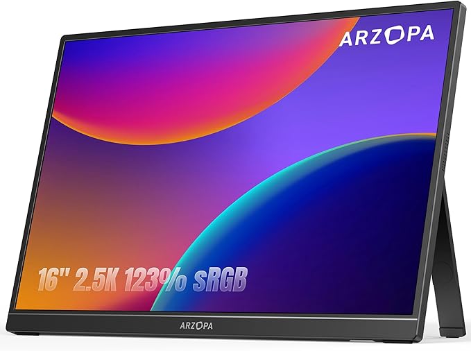 ARZOPA 16" 2.5K Portable Monitor, 2560x1600 QHD IPS Display 123% sRGB with Built-in Stand USB-C HDMI Eye Care External Second Screen for Mac Laptop Phone PS4/5 Xbox Switch -Z1RC by ARZOPA