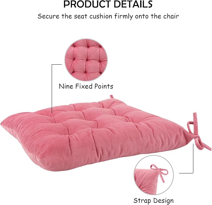 4 Pack Square Seat Cushion Chair Pads for Kitchen Dining Chairs, Soft Comfort Velvet Chair Mat Pillow Cushions with Ties for Office Desk Living Room Tatami 15.5", Pink - Image 4