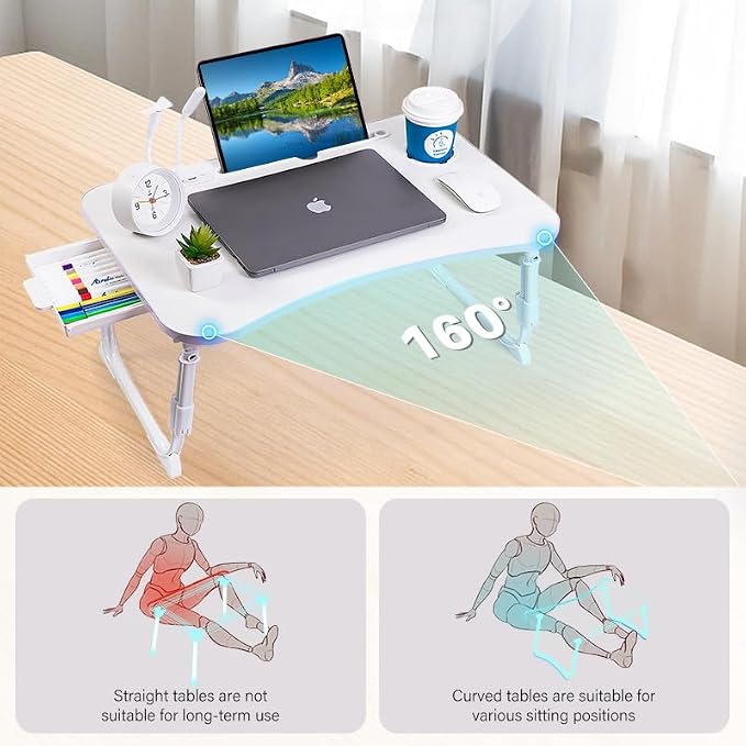 Laptop Desk for Bed, Height Adjustable Laptop Bed Table, Foldable Portable Lap Desk Stand with USB/Storage Drawer/Cup Holder/Slot, Breakfast Tray for Working Reading Writing Eating, White - Image 8
