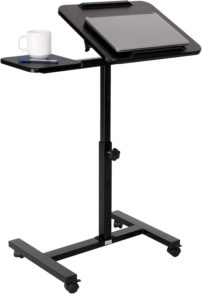 Seville Classics Airlift Height Adjustable Mobile Rolling Laptop Cart Computer Workstation Desk, Table for Home, Office, Classroom, Hospital, w/Wheels, Black, Tilt w/Side Table (28") (New Model) by Unknown