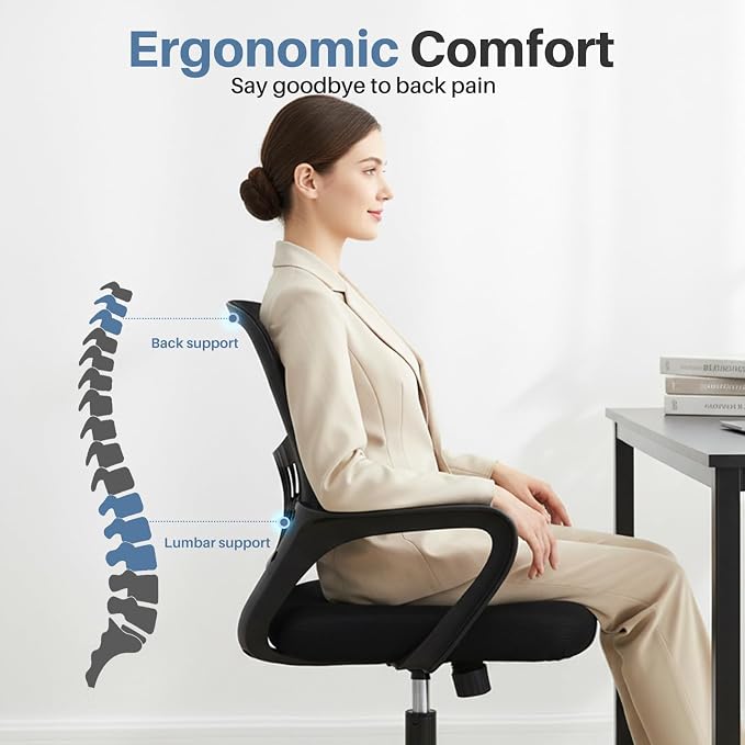 DUMOS Home Office Chair, Computer Desk Chair, Lumbar Support | Ergonomic Mid Back Mesh, Height Adjustable Fixed Armrest, Rocking Mode 360 Swivel, Computer Conference, Black - Image 6