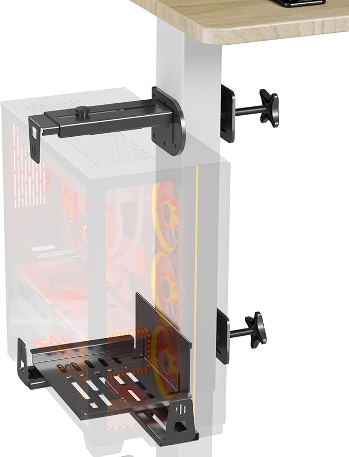 JOY worker Under Desk PC Mount with Protective Arms, Clamp-On Leg CPU Mount | No Drilling, Clamp-On Desk Leg, Black Adjustable Standing Desk PC Mount Holds Up to 44lbs, Under Desk Computer Tower Holder by JOYworker