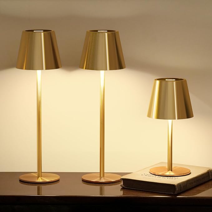 3 Pack Cordless Table Lamp, Portable Battery Operated Lamp with 3 Color Temps and Stepless Dimming, Rechargeable Table Lamp for Dinner, Desk, Cafe, Outdoor (Brushed Gold) by Keysays