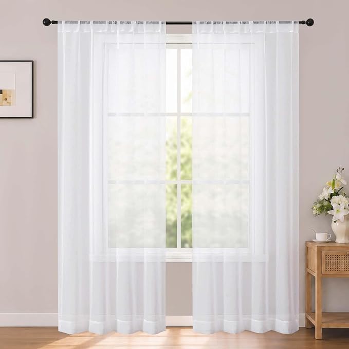 White Sheer Curtains 72 Inches Long for Living Room 2 Panels Set | Sheer White Curtains for Bedroom, Rod Pocket Airy Light Filtering Window Treatments, 2pcs, Each Panel 42" Width x 72" Long by OWENIE
