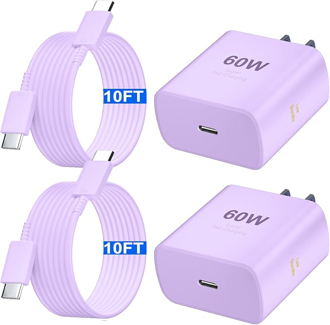 Super Fast Charger Type C 60W USB C Fast Charger Block with 10FT Extra Long Type-C Charging Cord-Super Fast Charging 3.0 for Samsung Galaxy S26 Ultra/S26/S26+/S25 /S24/S23 Ultra-Light Purple by Auorld