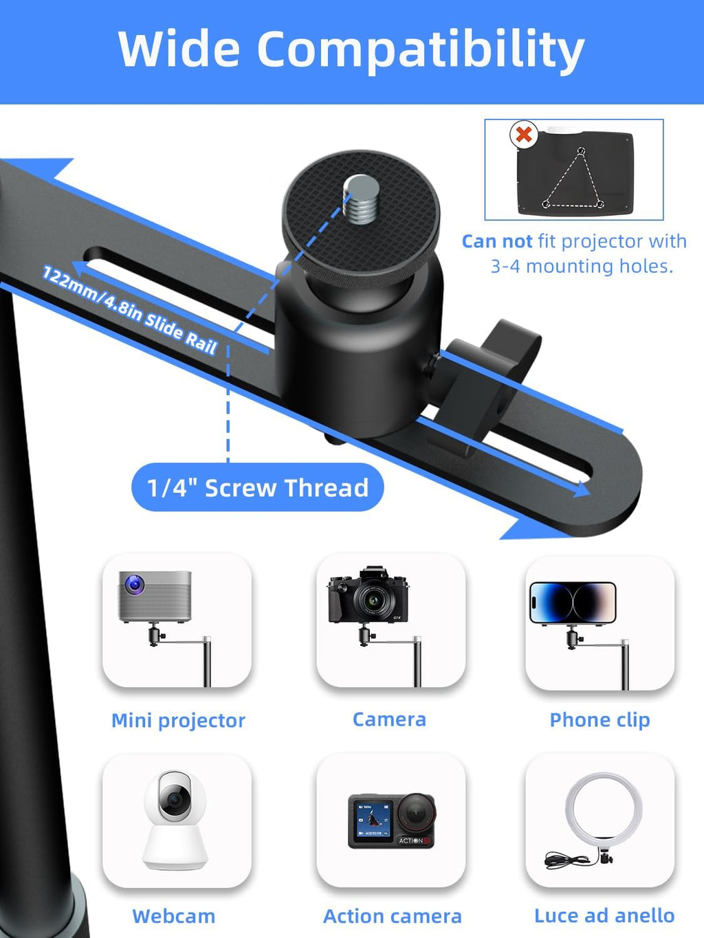 suptek Projector Stand Against Wall Hidden Stand, 360° Swivel, Height Adjustable 32.6"- 46", Holds up to 11lbs, Universal Projector Mount Bracket, Compatible with Home Video Vlog DVR Camera, PR007FP - Image 6