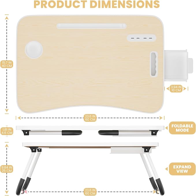 Lap Desk for Laptop Tray, Foldable Laptop Bed Desk with Storage Drawer | Bed Laptop Table for Adults with Light & Cup Holder & USB Ports, Laptop Stand for Couch Writing Reading Eating, Beige - Image 2