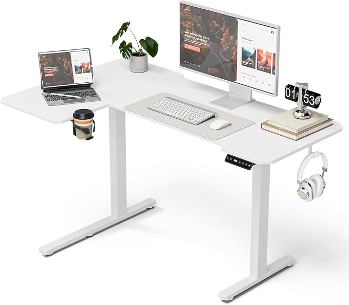 L Shaped Electric Standing Desk - 51x31.5 Inch Reversible Corner Sit Stand Desk with Hook&Cup Holder,Electric Height Adjustable Table,for Small Home Office&Bedroom Computer Desk, White by Acrolix