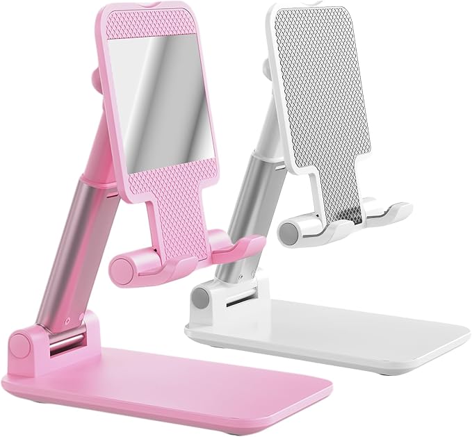 Phone Stand for Desk, Cell Phone Holder Cute Smart Cellphone Stand Foldable Stands Compatible with Under 8" Devices, Office Accessories, White-Pink by OGMAPLE