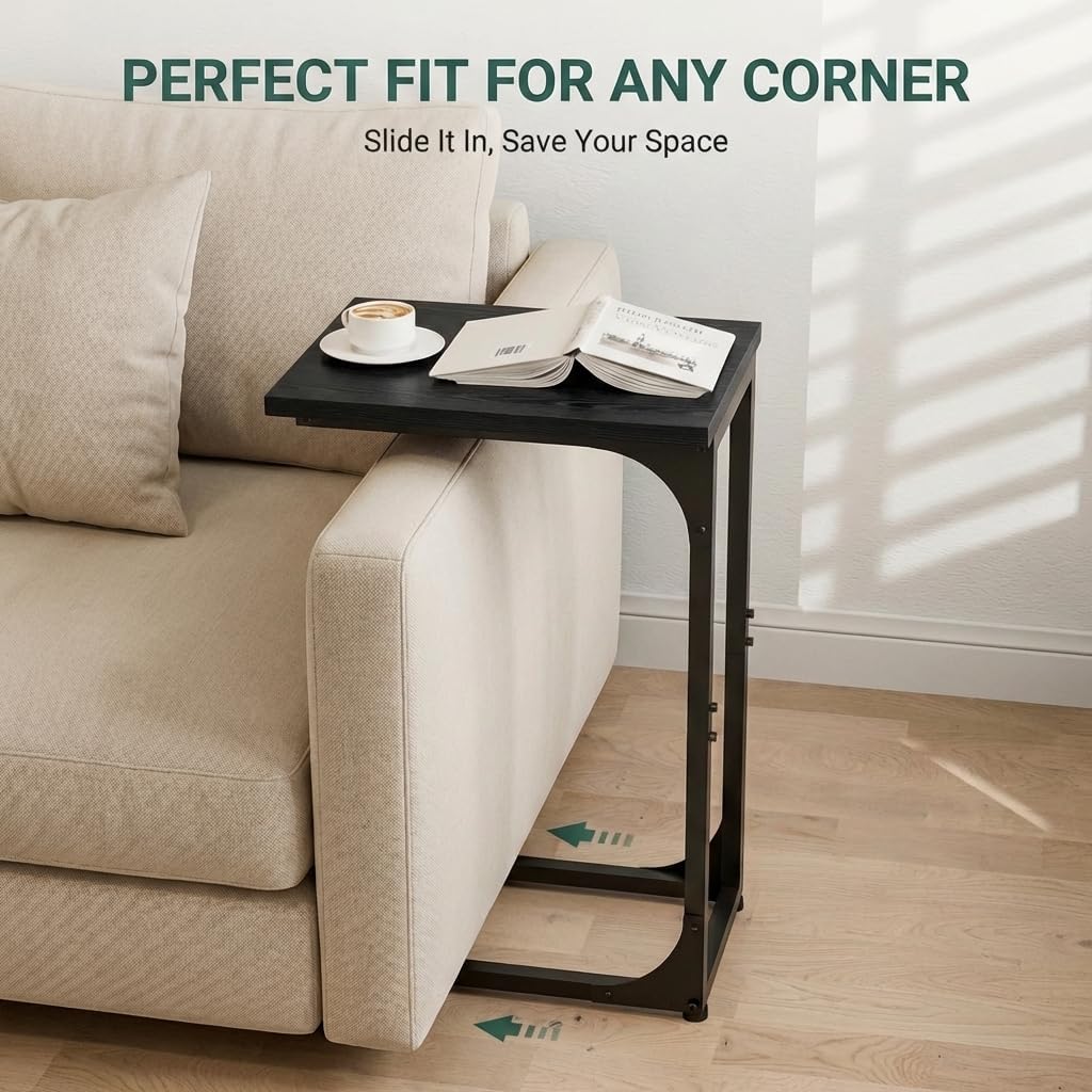 TEMI C Shaped End Table for Couch, Set of 2 Small Side Table for Sofa, TV Tray for Eating or Laptop, Accent Desk for Chair, Space Saving for Living Room Bedroom, Black - Image 4