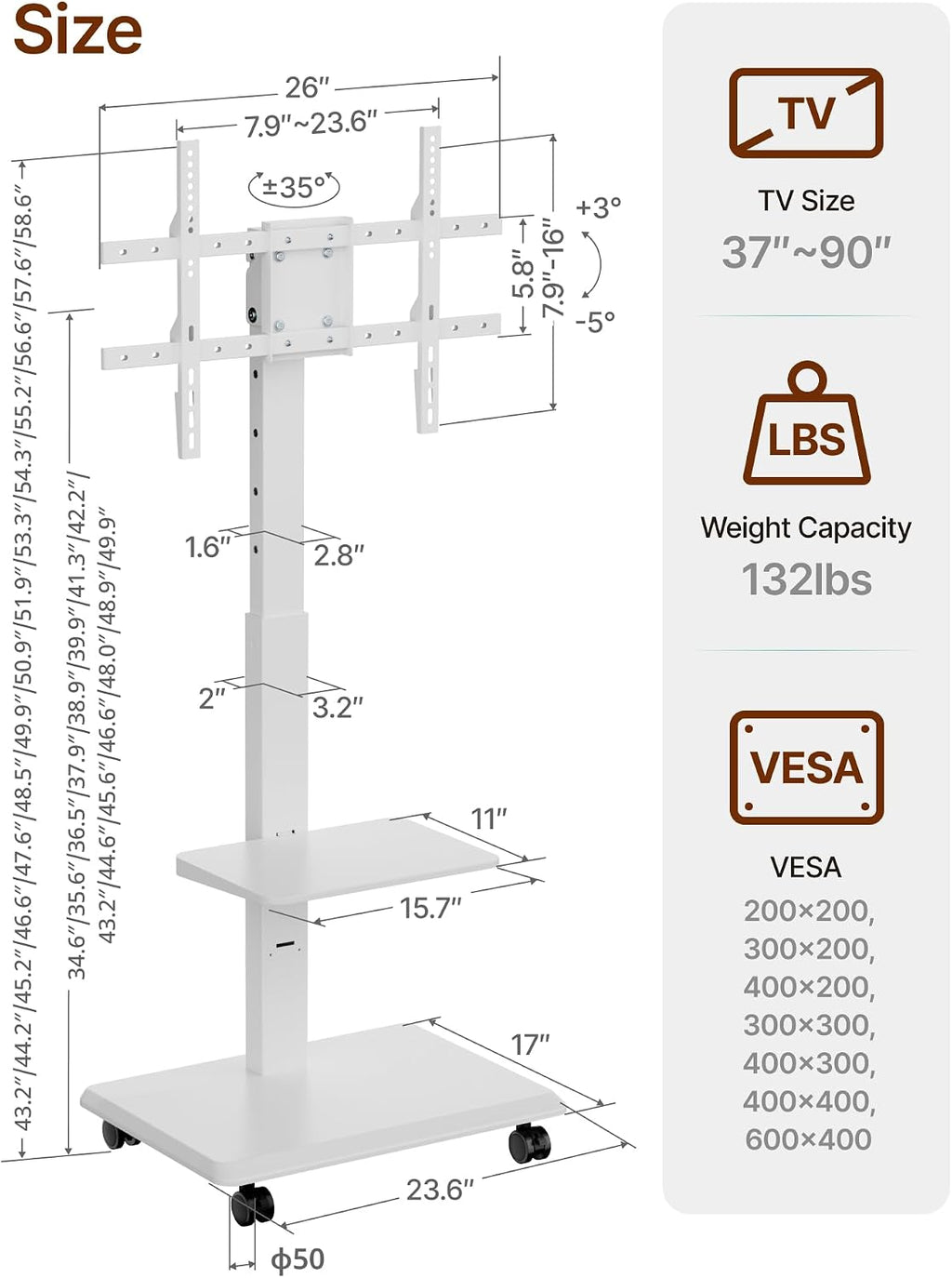 Steel Base Rolling TV Stand for 37-90 inch TVs up to 132 lbs, White - Image 7