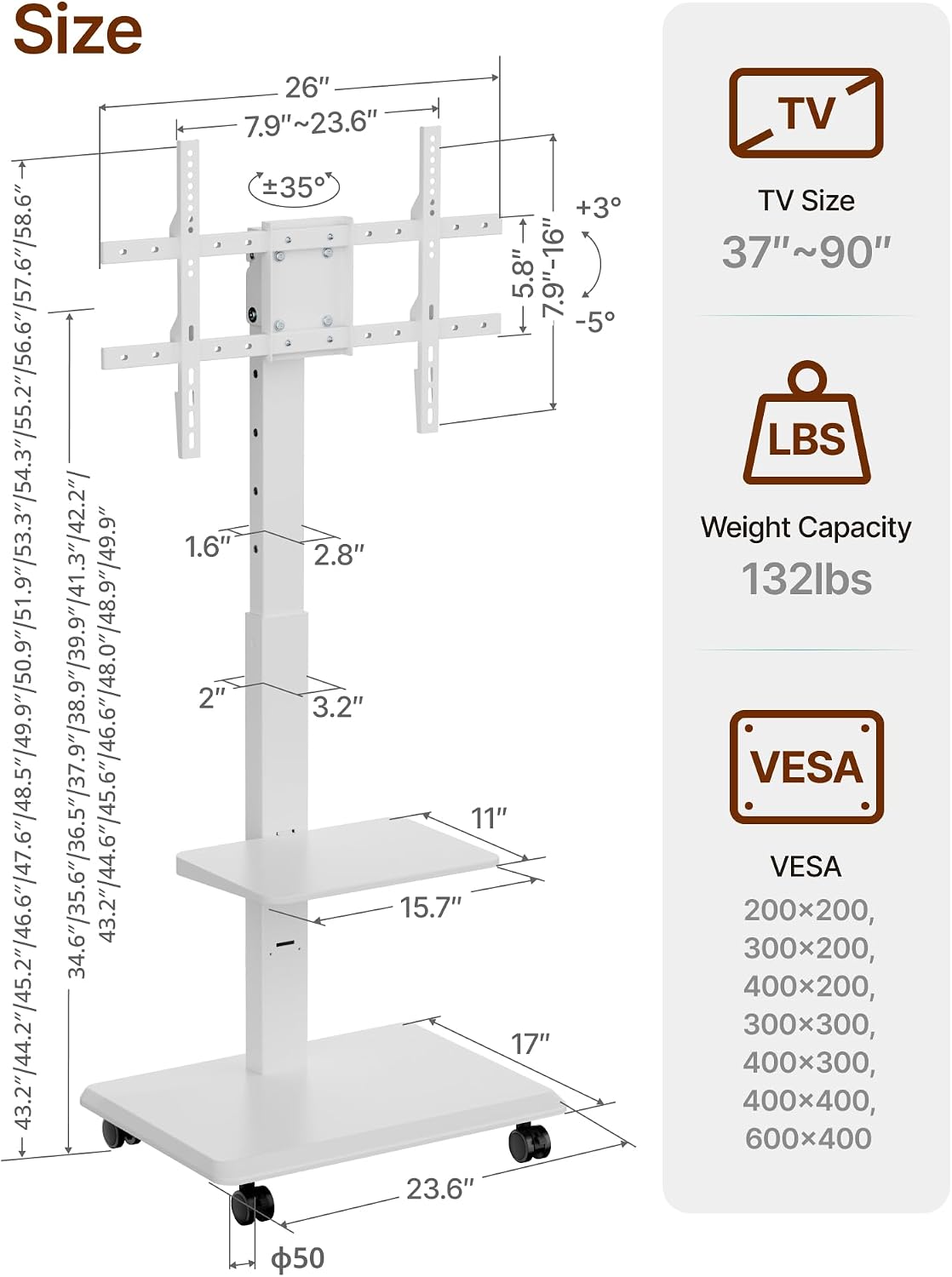 Steel Base Rolling TV Stand for 37-90 inch TVs up to 132 lbs, White - Image 7