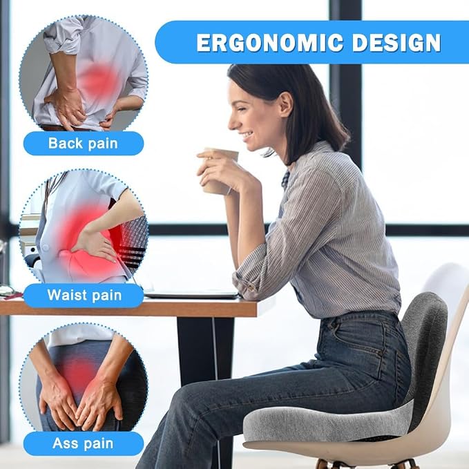 Memory Foam Seat Cushion with Lumbar Back Support, L-Shaped Integrated Ergonomic Coccyx Pad, Non-Slip Breathable Cushion for Comfort, Office Chair Car Wheelchair (Black+Gray) - Image 5