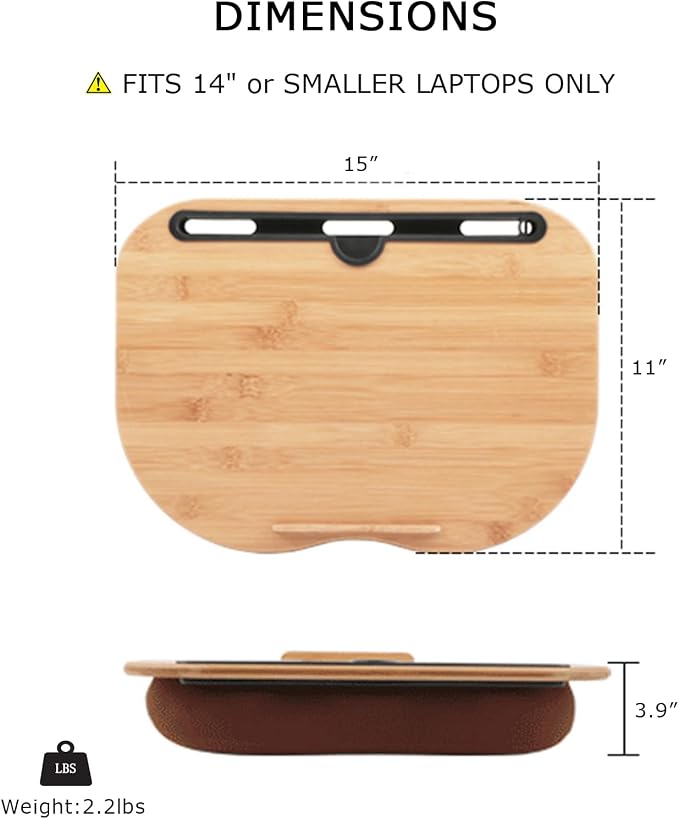 SUMISKY Lap Desk for 14" Laptops-Bamboo Laptop Desk with Cushion & Phone Holder, Portable Laptop Stand with Tray, 15x11 Inches - Image 2