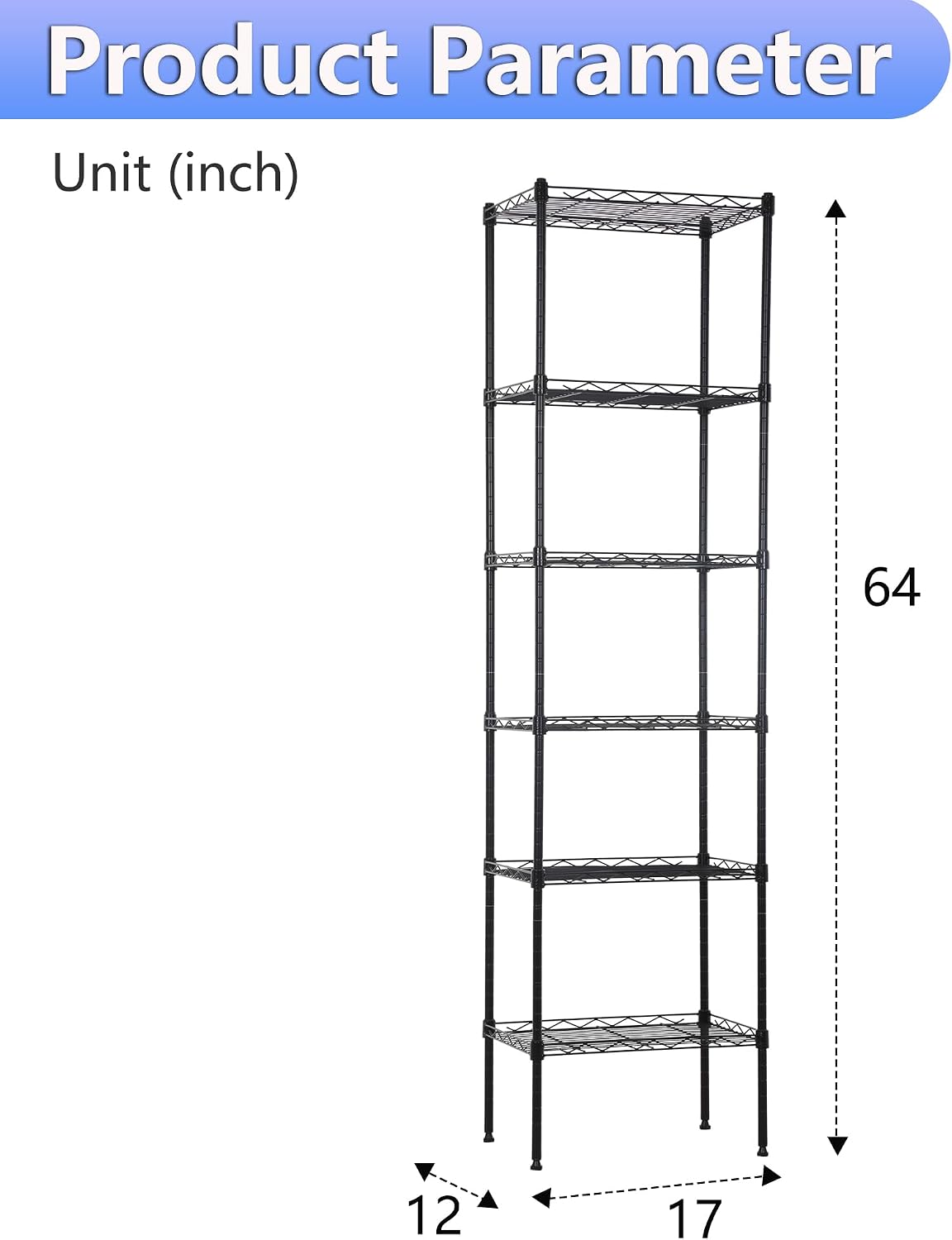 BestOffice | 6-Tier Wire Shelf | 17" x 12" x 64" | Black - Image 3