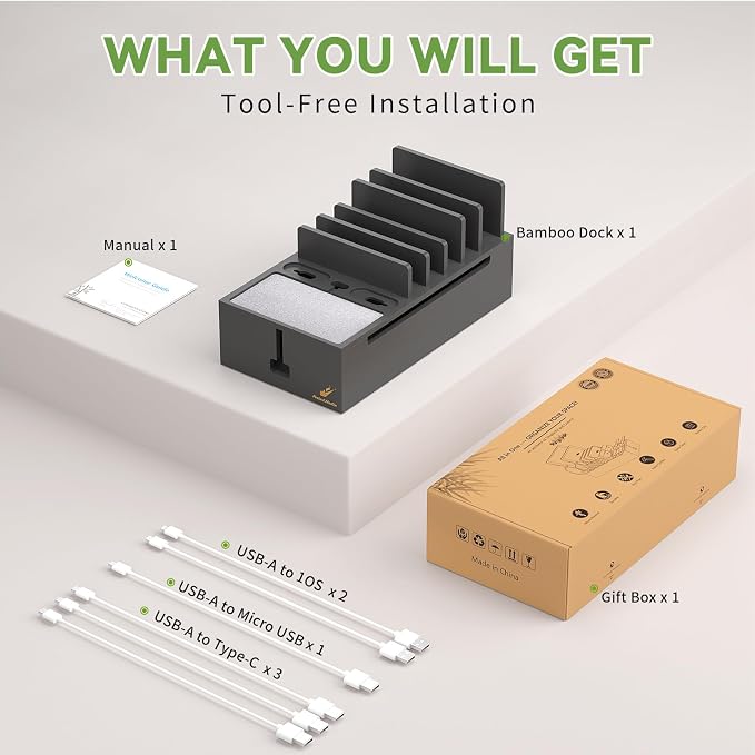 Pezin & Hulin Bamboo Cable Management Box, No Power Adapter -Black | Wire Organizers for Cords, Charge Station Box, Desktop Dock Organizer Rack for Electronic Device (Include 6 Cables) - Image 2