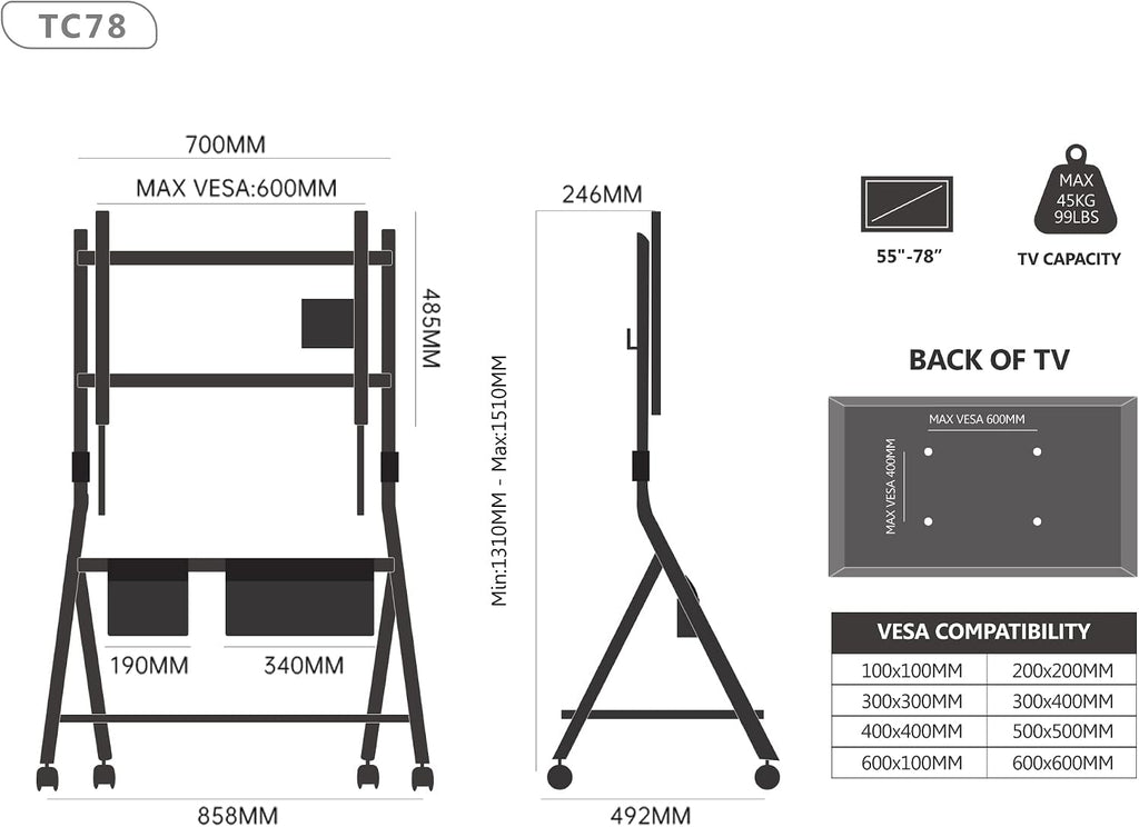 FITUEYES Mobile TV Stand for 55-78 Inch TV with Wooden Storage Shelf, White - Image 5