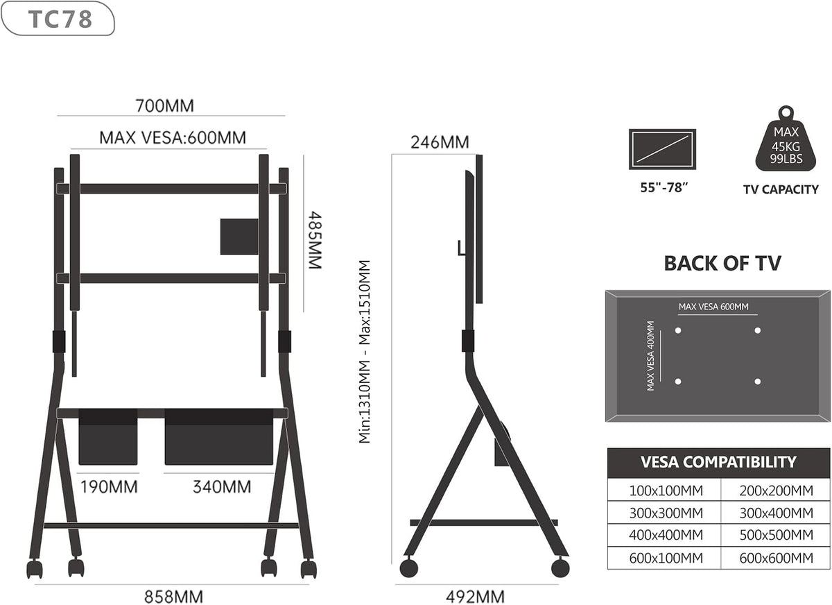 FITUEYES Mobile TV Stand for 55-78 Inch TV with Wooden Storage Shelf, White - Image 5