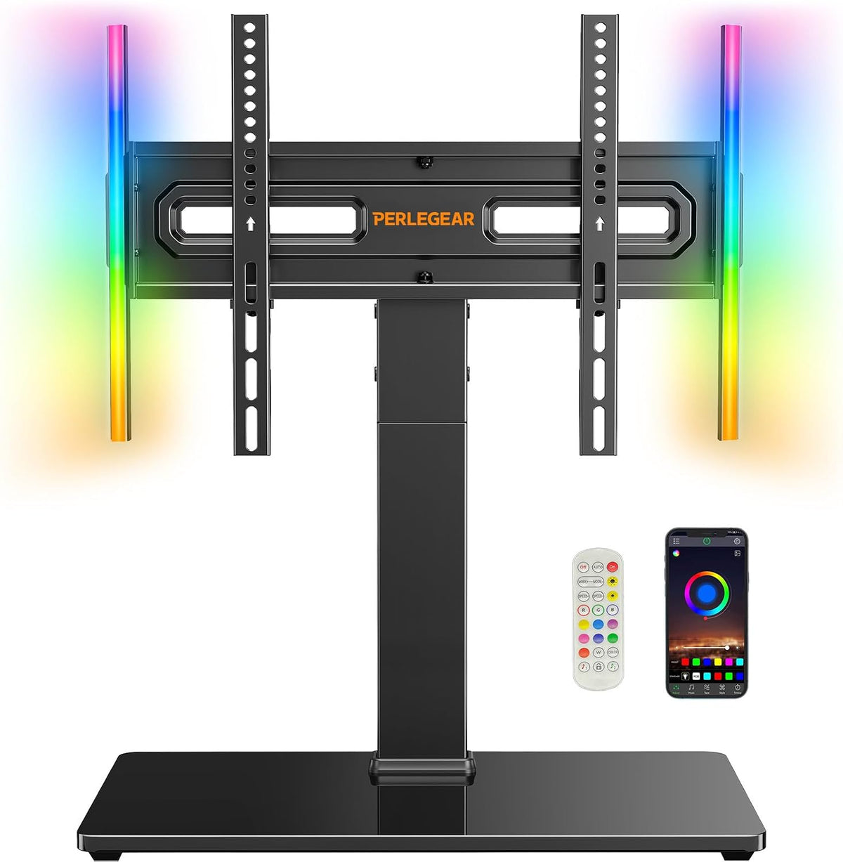 Perlegear Universal Swivel TV Stand with LED Lights for 30–70 inch TVs, Height Adjustable Table Top TV Stand with Tilt, Tempered Glass Base, Holds up to 88 lbs, Max VESA 400x400mm, PGTVS32B by Perlegear