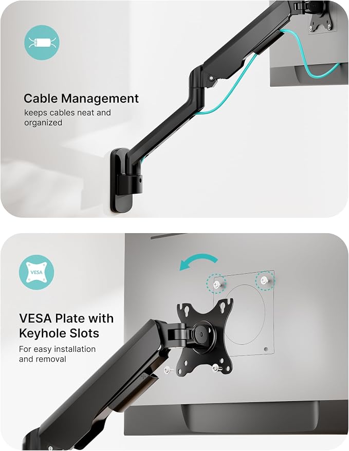 PEGZONE Dual Monitor Wall Arm 17"-35" Ultrawide 26.4Lbs VESA Black | Fully Adjustable, Space Saving Structure, VESA 75x75 & 100x100, Ideal for Home Office Gaming, Fits Ultrawide Monitors - Image 7