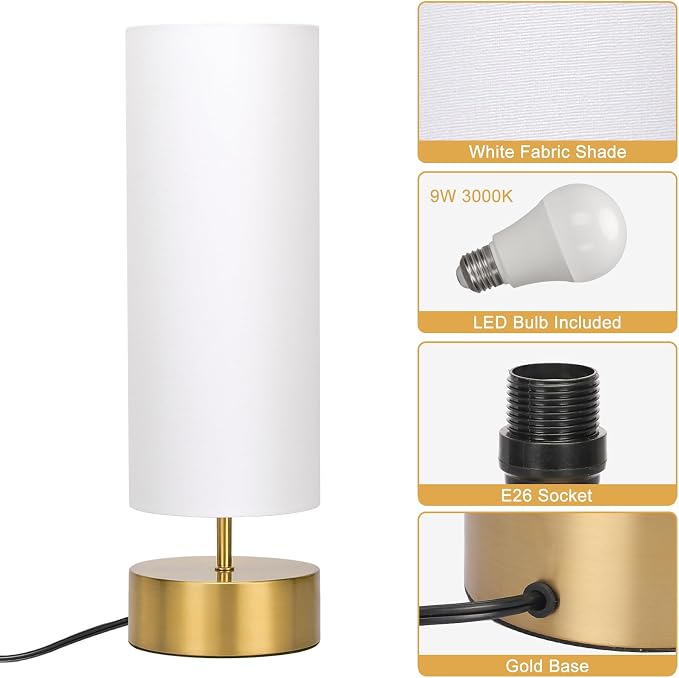 3-Way Dimmable Table Lamp, Touch Control Gold Bedside Lamp with White Shade | Modern Nightstand Touch Lamp, Simple Side Table Lamp, Night Light for Bedroom Living Room Kitchen, LED Bulb Included - Image 6
