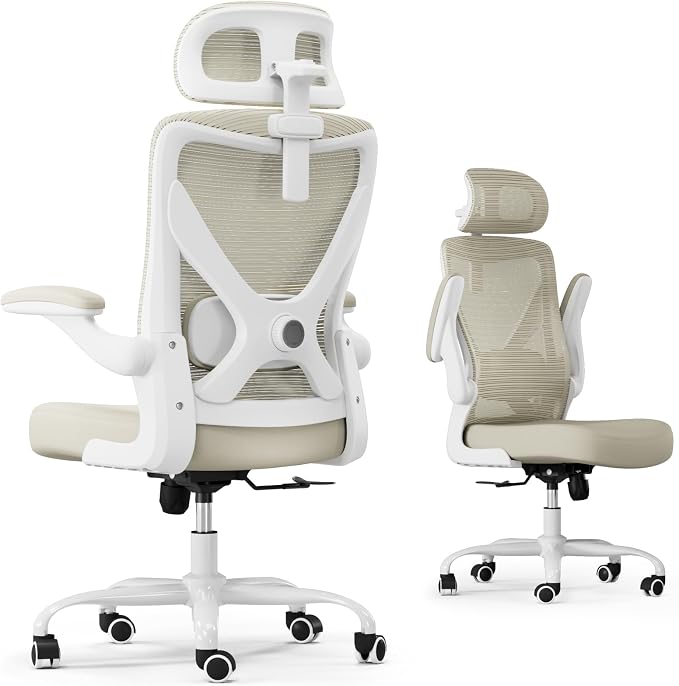 Ergonomic Office Chair: Mesh Desk Chair Comfy with Headrest& Lumbar Support | Ergalithic Big and Tall Office Chairs with Wheels & Flip-Up Arms-Computer Gaming Chairs for Adults Home Office Chairs(Beige) - Image 8