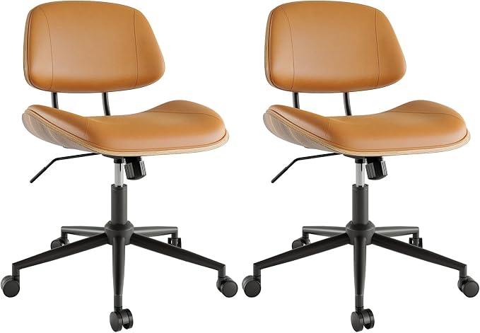 Armless Office Chair Set of 2, Adjustable Height Desk Chair, Brown | 360° Swivel Ergonomic Computer Chair for Small Space, PU leather seat, Modern Walnut Style, Home Office & Meeting Room by BERYTH