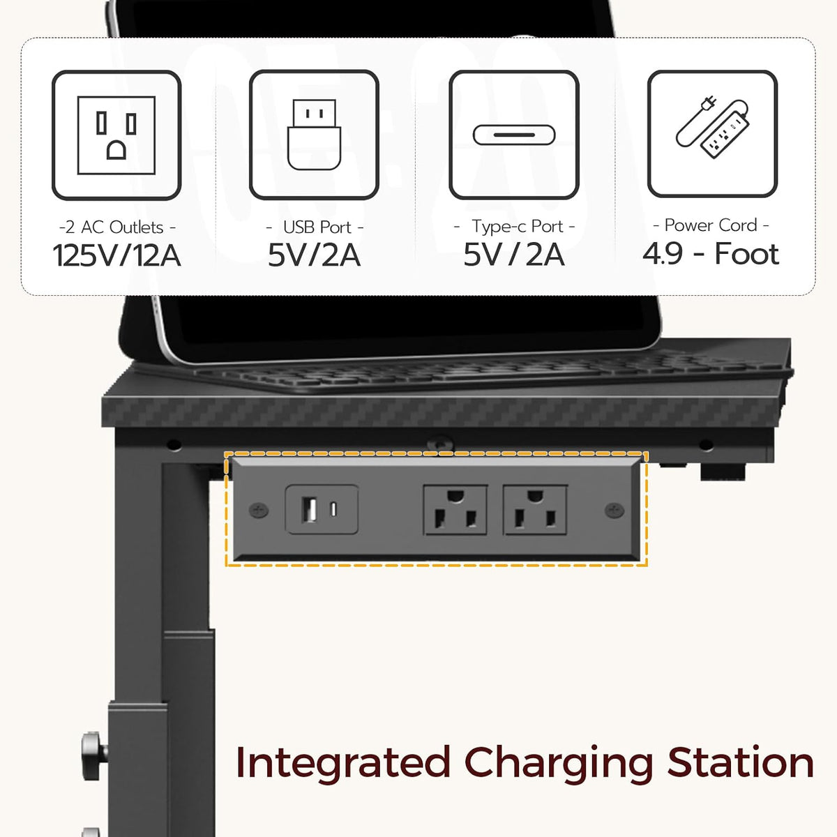 MAHANCRIS Side Table with Charging and Hooks, Rolling Couch Table, Black - Image 4