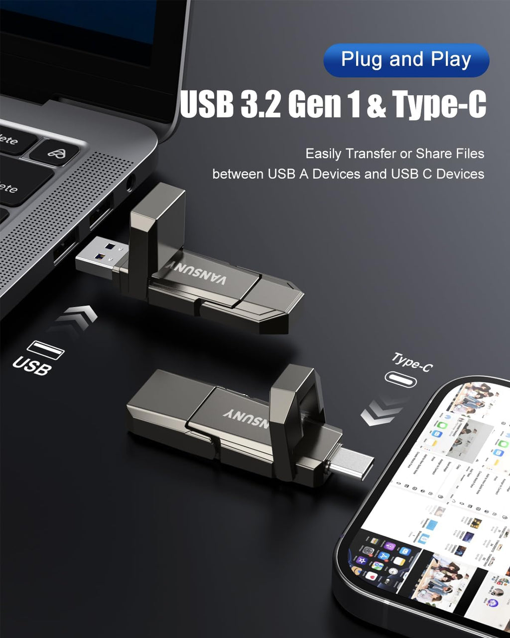 Vansuny 1TB Portable External Hard Drive Up to 500MB/s USB Solid State Drive USB 3.2 Dual SSD for Android Phone Tablet Laptop MacBook PC - Image 2