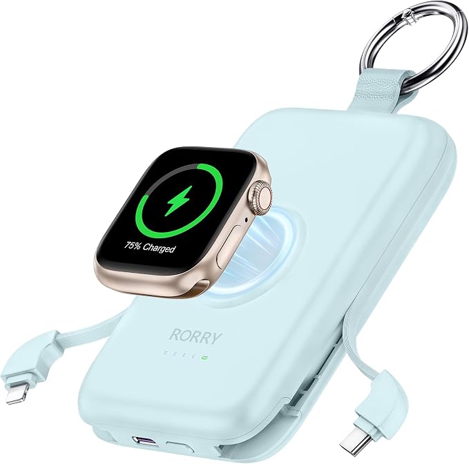 RORRY CharmGo Portable Charger, 10000mAh 20W Fast Charging Power Bank | Built-in Cables, Travel Keychain Battery Pack Essentions for Apple Watch 1~11 Series/Ultra/SE & iPhone Air/17/16/15/14/13/12 by RORRY