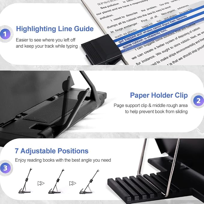 Desktop Document Holder Stand with 7 Adjustable Positions, Black Metal File Organizer Management Copyholder for Typing Speech Reading A4 Letter Music Book Tablet Office, with Paper Clip and Line Guide - Image 3
