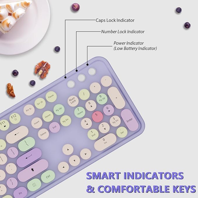 Wireless Computer Keyboard and Mouse Combo,Colorful Purple | Ergonomic Full Size Typewriter Retro Round Keycaps Keyboard, Compatible with Windows, PC, Perfer for Home and Office - Image 3