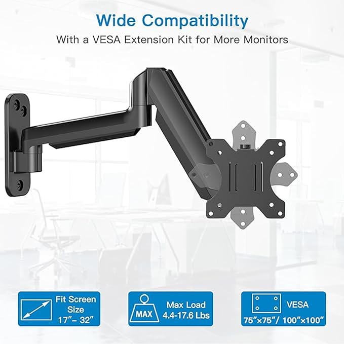 HUANUO Single Monitor Wall Mount for 13 to 32 Inch Computer Screen, Gaming Monitor Wall Mount Arm Holds up to 17.6lbs, Height Adjustable Full Motion Wall Monitor Mount-VESA Mount 75x75,100x100 - Image 6