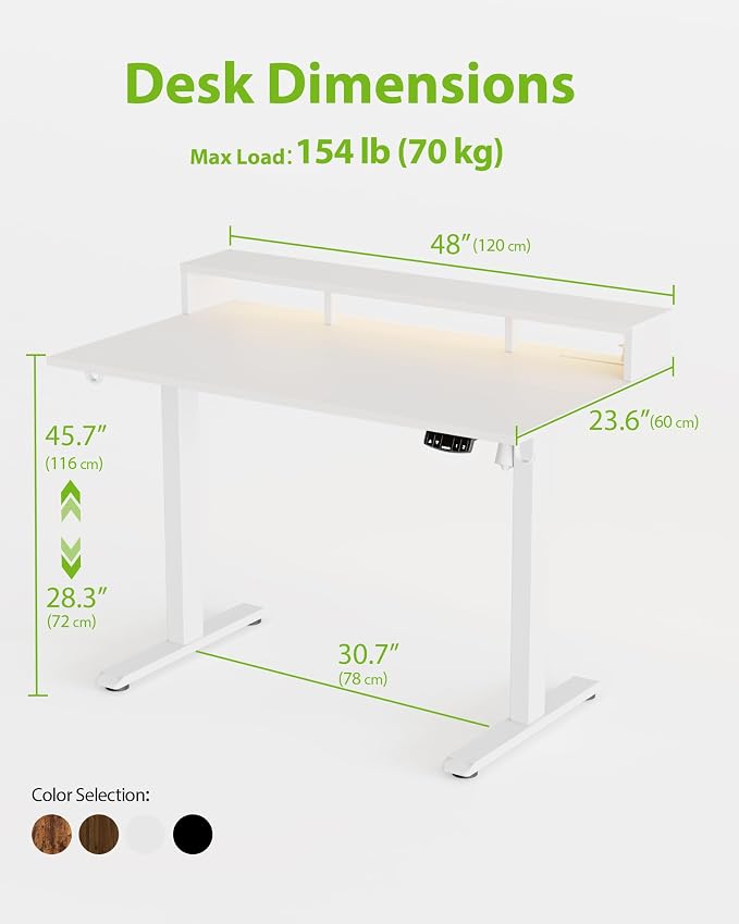 Agilestic 48 * 24 Inch Electric Standing Desk with Shelf & Led, White | Electric Height Adjustable, Outlets&Led, Monitor Stand, Sturdy Steel Frame, Memory Presets, Hooks, 154 lbs, Splice Board - Image 3