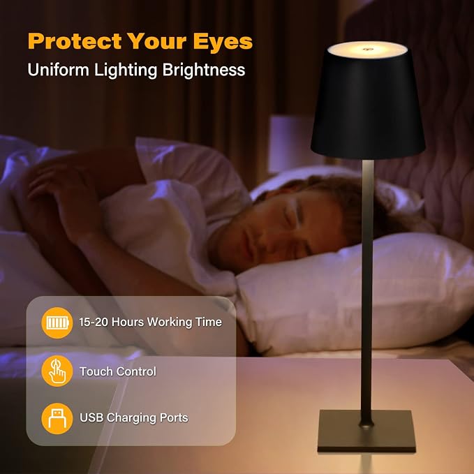 CHLORANTHUS 2 Pack Cordless Table Lamps, 3 Colors Stepless Dimming, 5000mAh Rechargeable Battery LED Desk Lamp for Bedroom/Couple Dinner/Desk/Cafe/Dining Room/Terrace - Image 4