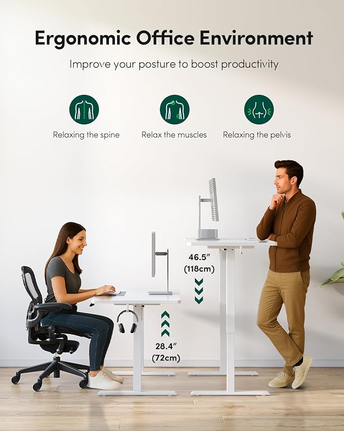 CubiCubi 55 x 28 Large One-Piece Electric Adjustable Standing Desk, White | Height Adjustable Electric Computer Home Office Sit Stand up Workstation, with Memory Presets, Headphone Hook - Image 8