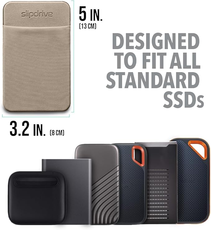 Slipdrive - Portable Hard Drive Sleeve for Laptop - SSD Solid State Drive - Reusable Adhesive - 5” x 3.2” Stick on External Hard Drive Carrying Case - Travel Pocket Pouch (Small, Sand Stone) - Image 2