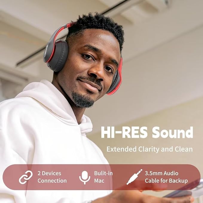 Wireless Bluetooth Headphones Over Ear V6.0 HiFi Stereo with Mic | 65H Playtime 6EQ Modes Foldable Bluetooth Headset with Microphone for Travel Smartphone Computer Laptop Black Red - Image 2