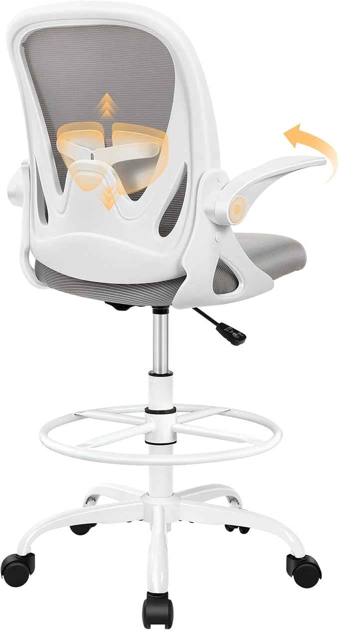 Ergonomic Drafting Chair with Flip-Up Armrests & Adjustable Footrest – Tall Office Chair for Standing Desks, Lumbar Support, Gray – Home & Office Comfort by Primy