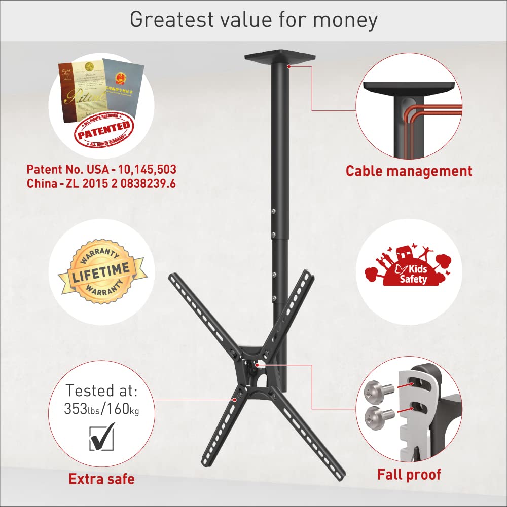 Barkan 38'' Long TV Ceiling Mount, 13-65 inch Full Motion - 3 Movement Flat/Curved Screen Bracket, Holds up to 88lbs, Telescopic Height Adjustment, Fits LED OLED LCD - Image 3