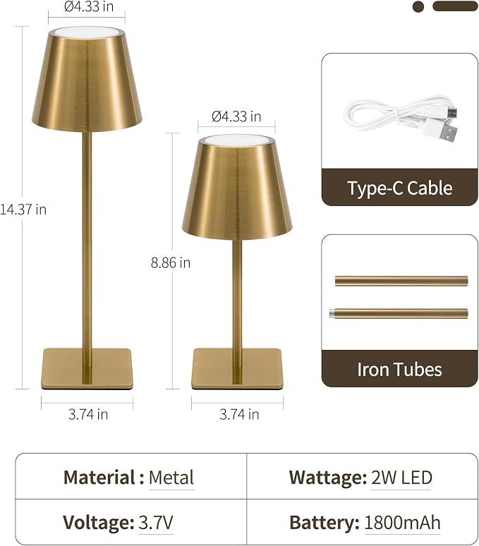 UME 3 Pack Cordless Table Lamp, Battery Operated Lamp - Portable Waterproof Rechargeable Table Lamp w/ 3 Color Temps & Stepless Dimming for Dinner, Desk, Cafe, Outdoor (Brushed Gold) - Image 6